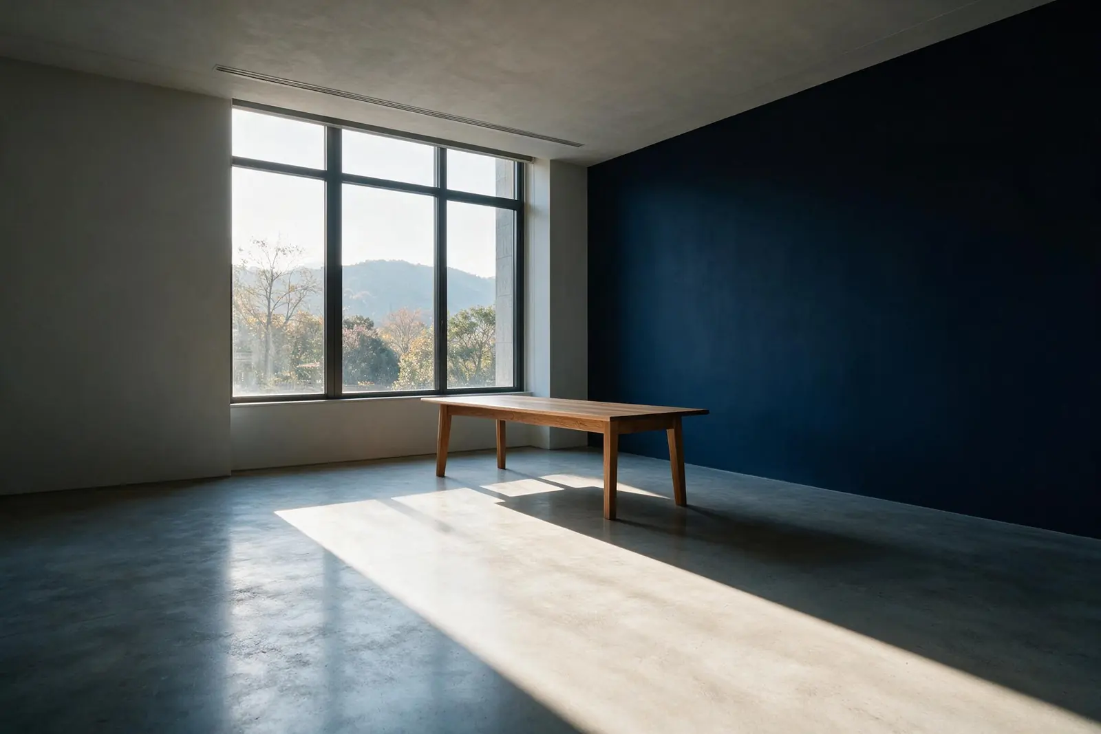Empty office at early morning, one long table, a band of light across the floor, deep navy wall
